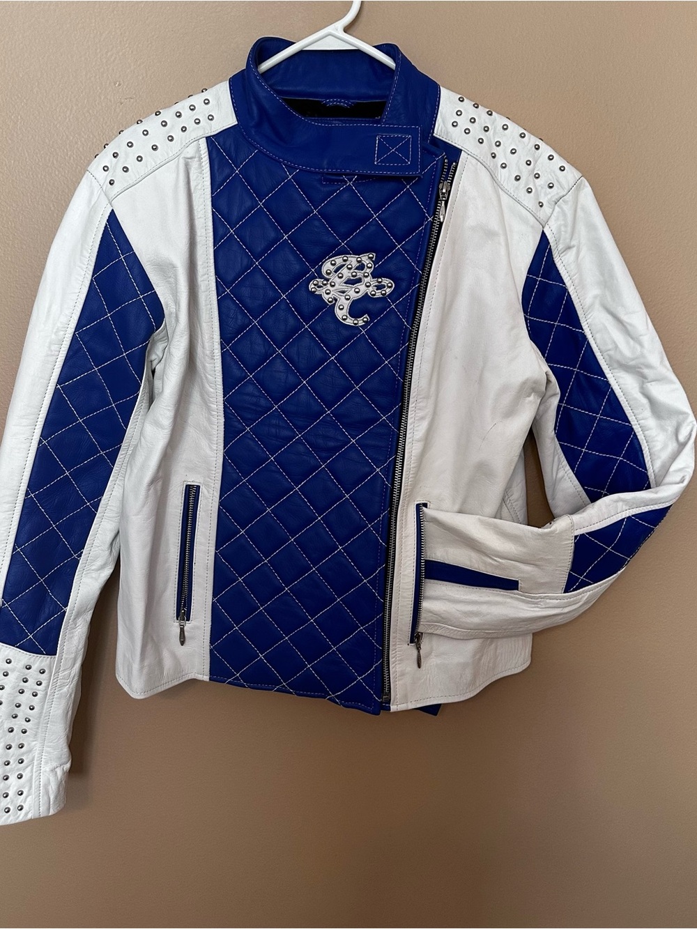 BENJAMIN CHASER Womens Blue White Genuine Leather Studded Moto Biker Jacket XXL